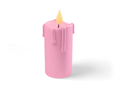 Pink pillar candle with wax drips running down the side and a glowing yellow flame