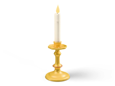 Brass candlestick with a wavy drip tray and a slim cream candle with a small yellow flame