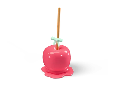 Shiny red candy apple on a wooden stick with a mint bow, standing in a puddle of red glaze