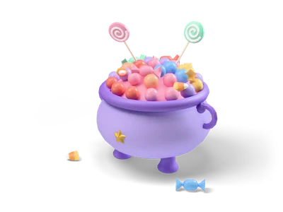 Cuenco lavanda con forma de caldero lleno de dulces de colores, dos piruletas y caramelos en el suelo