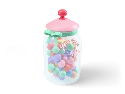 Glass candy jar full of colorful round candies with a mint ribbon bow and a pink lid with red knob