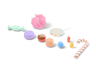 Pastel sweets in a row: lollipop, candy cane, gummy bears, macaron, praline, marshmallow, gumball and cotton candy