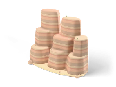 Stepped sandstone canyon wall with pastel red, peach and sand coloured stripes on a sandy strip