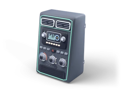 Dark grey car center stack with two air vents, radio display with glowing bars, three climate knobs and a mint frame