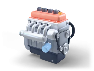 Grauer Vierzylinder-Automotor mit korallenfarbenem Ventildeckel, schwarzen Spulen, weißen Saugrohren, Riementrieb und hellblauem Ölfilter