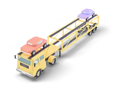 Yellow car transporter truck with an open two-level trailer carrying a coral and a lavender car