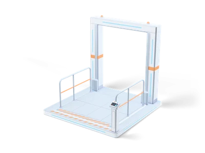 Square cargo lift with a light grey platform, grey side railings, orange warning stripes and two white columns with a top beam