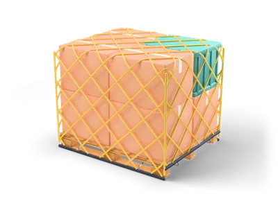 Peach cardboard boxes and a teal crate on a wooden pallet under a yellow diamond mesh cargo net