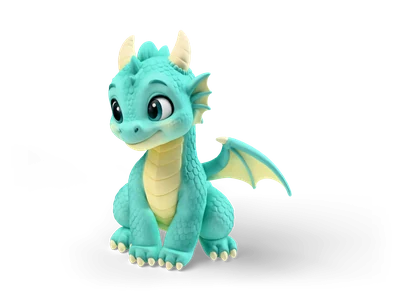 Cute turquoise baby dragon with big eyes, cream horns, cream belly plates and small wings, sitting upright