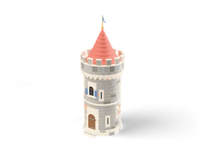 Round grey stone castle tower with crenellations, coral cone roof, blue pennant and arched door