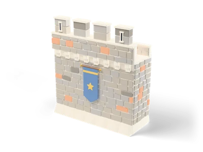 Grey stone castle wall segment with crenellations, arrow slits, wall-walk and blue banner with gold star