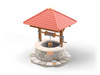 Round stone well with a coral tiled roof on wooden posts, a windlass and a bucket on an octagonal platform