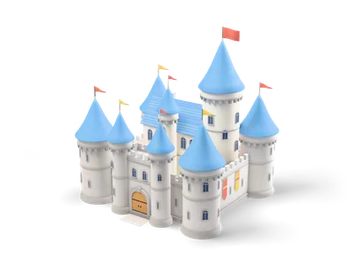 Fairy-tale castle with white walls, round towers with blue cone roofs, flags, banners and a wooden gate