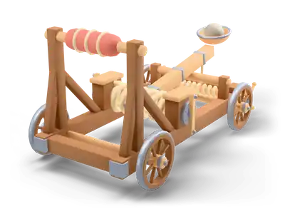 Stylized wooden catapult on four wheels with a throwing arm holding a round stone and a padded stop bar