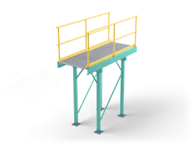 Raised industrial catwalk with steel grating deck, yellow railings and teal support frames