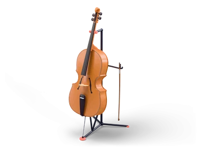Amber cello leaning in a black stand with coral feet, a bow hanging from the stand beside it