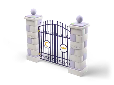 Cemetery gate with lilac stone pillars and wrought iron leaves with gold moon and bat medallions