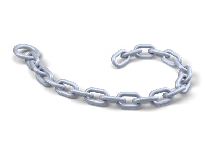 Grey iron chain with oval links and a round end ring lying in a loose curl on a white floor