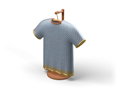 Silver chainmail shirt with short sleeves and brass trims hanging on a wooden hanger from a small walnut stand
