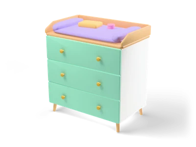 White changing table with mint drawers, an oak top with raised edges and a lavender changing pad