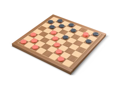 Tablero de madera con fichas redondas rojas y gris oscuro en las casillas oscuras y una pila de dos fichas rojas