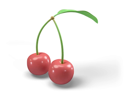 Two glossy red cherries joined by curved green stems with a single leaf at the top