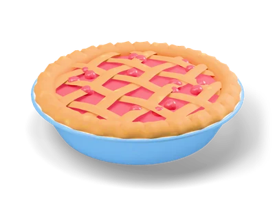 Cherry pie with a golden woven lattice and crimped edge in a light blue fluted pie dish