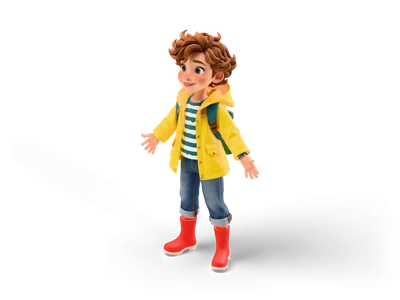 Stylized child with curly auburn hair in a yellow raincoat, striped shirt, jeans and red rain boots, in A-pose