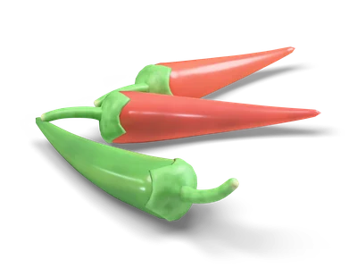 Three stylized chili peppers, two red and one green, with green calyxes and curved stems