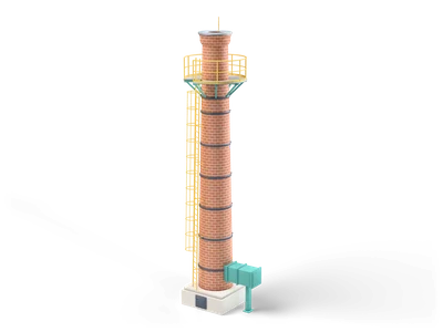 Tall red brick factory chimney with dark steel bands, a yellow railed platform near the top and a yellow ladder