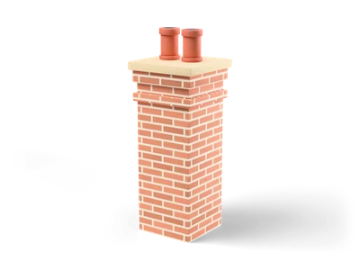 Square coral brick chimney with two decorative bands, a sandstone cap and two round clay pots on top