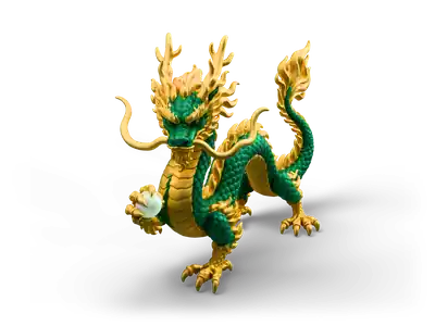 Green and gold serpentine Chinese dragon with golden mane and whiskers, holding a pale pearl in one claw