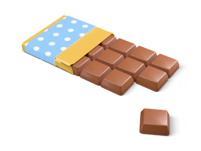 Milk chocolate bar half wrapped in gold foil and a blue dotted sleeve with a broken piece beside it