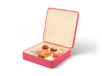 Open red chocolate box with nine decorated truffles in paper cups and a lid with a gold bow