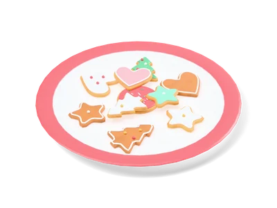 White plate with a red rim and iced Christmas cookies shaped like stars, hearts and fir trees