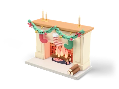 Cream fireplace with burning logs, fir garland with red bows, three hanging stockings and candles on the mantel