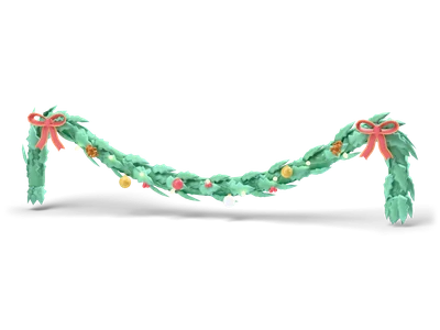 Green fir garland hanging in a swag between two red bows with baubles, pine cones, berries and small glowing lights
