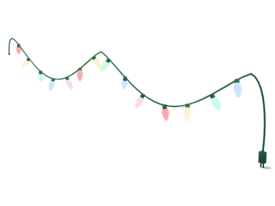 String of colorful glowing C9 Christmas bulbs on a green cable hanging in two swags