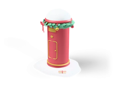 Round red mailbox with gold details, snow on top and a green wreath with red bow around the neck