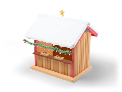 Wooden market hut with snowy roof, green garland with colorful bulbs and gingerbread hearts hanging above the counter