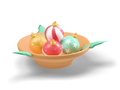 Wooden bowl with five shiny Christmas baubles in red, gold, mint, pink and white with gold caps