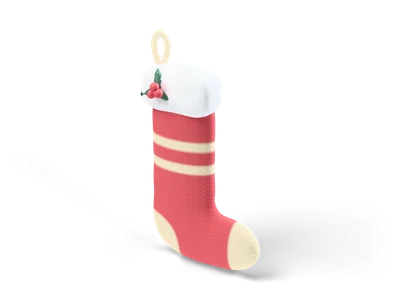 Red knitted Christmas stocking with cream stripes, heel and toe and a fluffy white cuff with holly