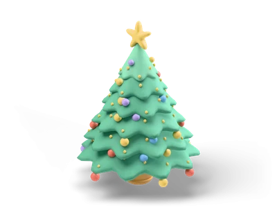 Stilisierter mintgrüner Weihnachtsbaum mit Pastellkugeln, kleinen goldenen Lichtern und gelbem Stern in einem Holzkübel