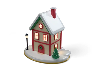 Small cream porcelain house with red trim, glowing windows and a snowy green roof on an oval white base