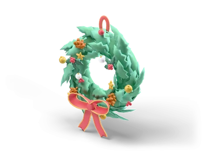 Green fir Christmas wreath with gold, white and red baubles, holly, berries, pine cones and a large red bow