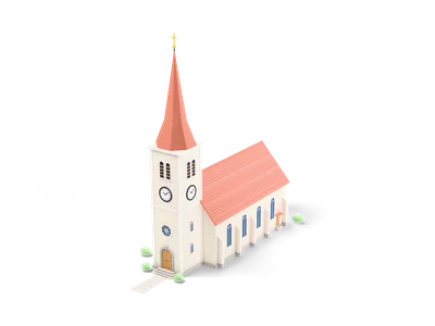 Cream village church with coral roof, tall spire with cross, clock faces, arched windows and apse