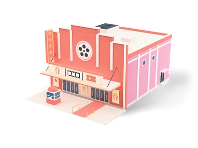 Cine retro con fachada coral escalonada, emblema de bobina, marquesina luminosa con pictogramas y pequeña taquilla