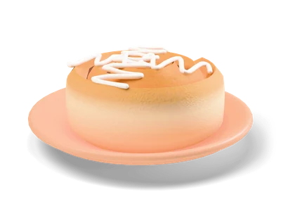 Cinnamon roll with a golden spiral top and white icing drizzle on a peach plate