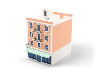 Bloque urbano de cuatro plantas color melocotón con tienda, toldo a rayas menta, balcones y laterales lisos para filas modulares