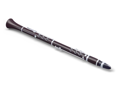Dark ebony clarinet lying on its side with silver keys, tenon rings, a flared bell and a black mouthpiece